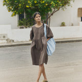 OLIVA puff sleeve midi linen dress