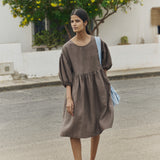 OLIVA puff sleeve midi linen dress