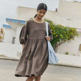 OLIVA puff sleeve midi linen dress