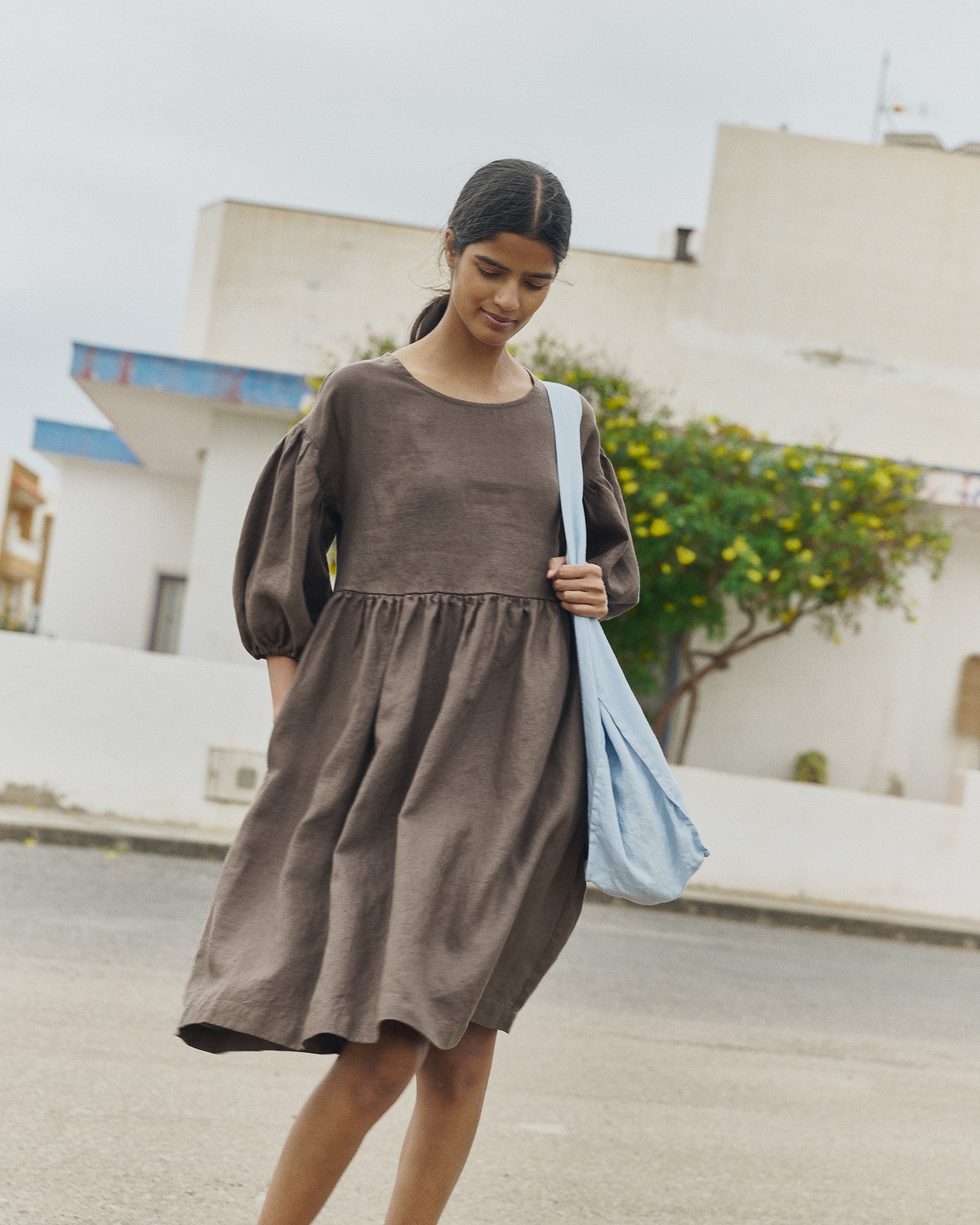 Cream Puff-Sleeve Linen Dress Midi OLIVA not PERFECT LINEN Cream Puff-Sleeve Linen Dress Midi OLIVA not PERFECT LINEN