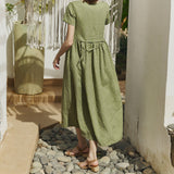 R: Maxi ODESA gathered linen dress (Color: Herb Green Floral; Size: XS - MAXI (43.7 in | 111 cm))