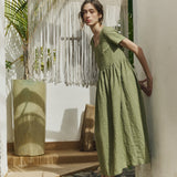 R: Maxi ODESA gathered linen dress (Color: Herb Green Floral; Size: XS - MAXI (43.7 in | 111 cm))