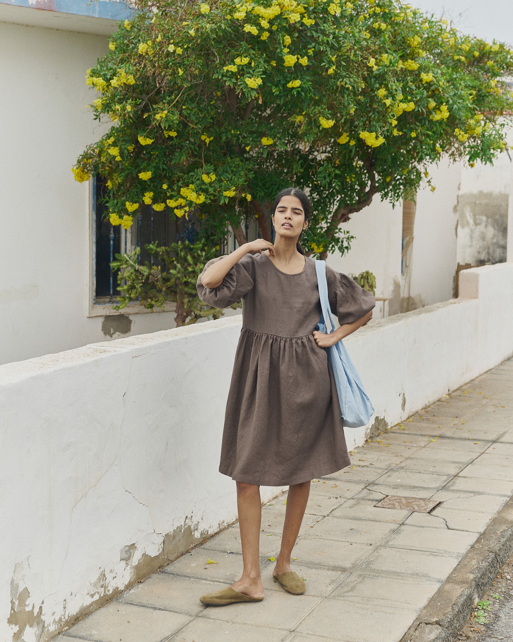 Cream Puff-Sleeve Linen Dress Midi OLIVA not PERFECT LINEN Cream Puff-Sleeve Linen Dress Midi OLIVA not PERFECT LINEN