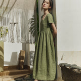 R: Maxi ODESA gathered linen dress (Color: Herb Green Floral; Size: XS - MAXI (43.7 in | 111 cm))