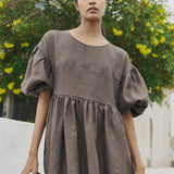 OLIVA puff sleeve midi linen dress