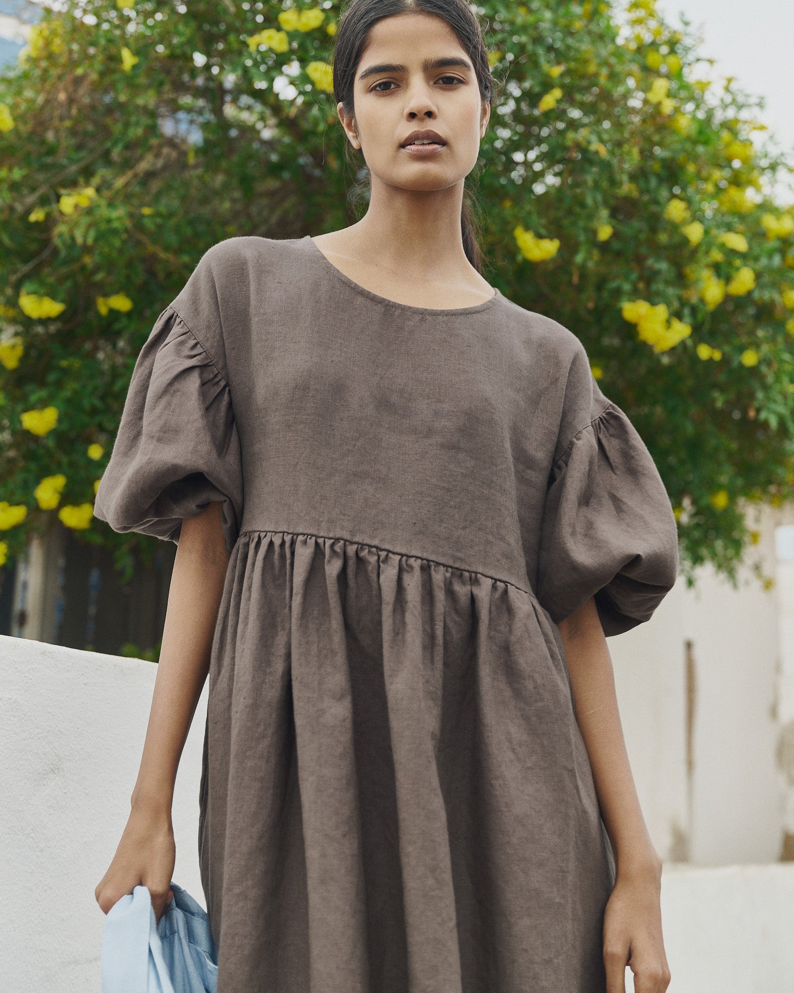 OLIVA puff sleeve midi linen dress