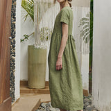 R: Maxi ODESA gathered linen dress (Color: Herb Green Floral; Size: XS - MAXI (43.7 in | 111 cm))