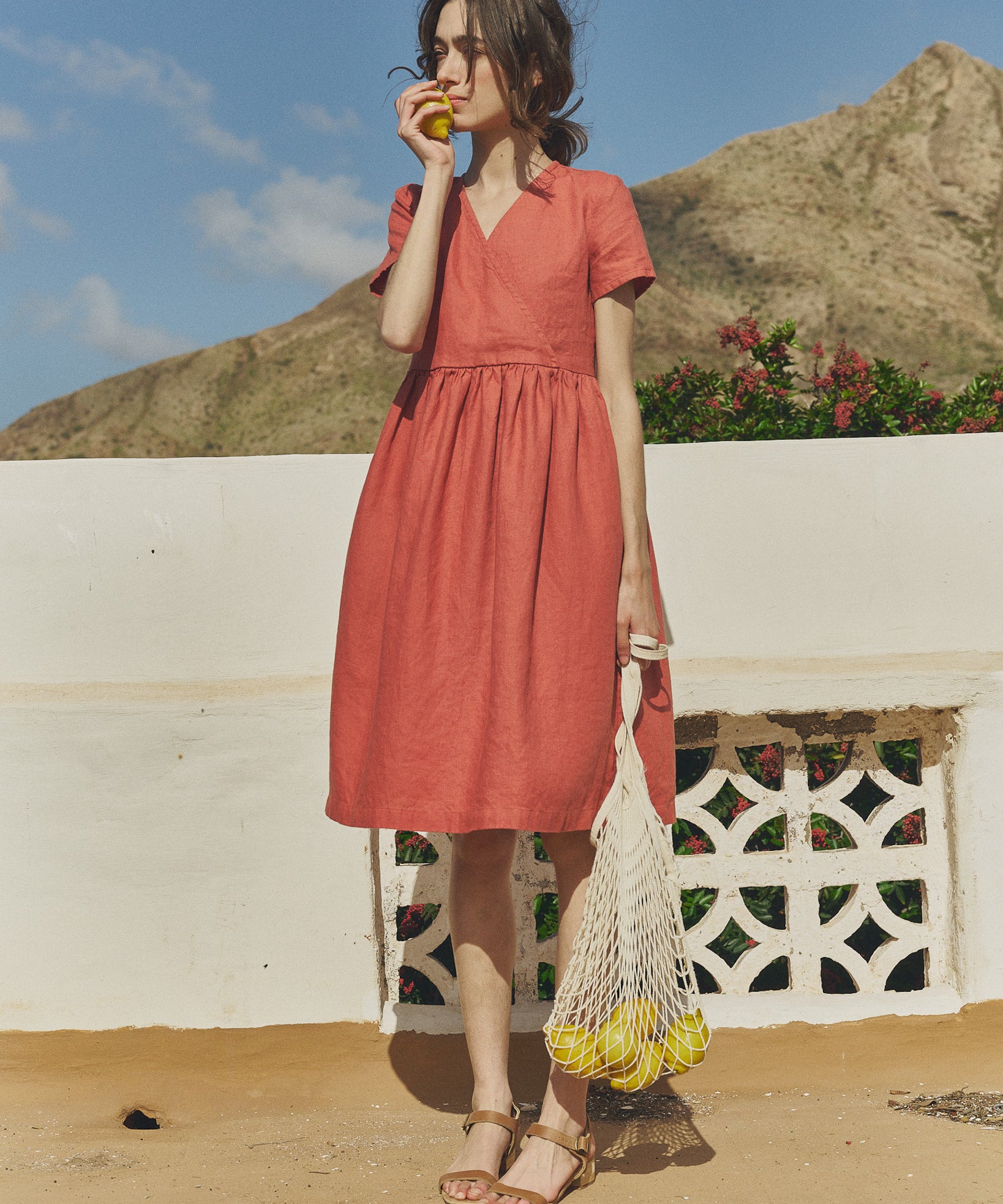 casual linen dress designs Women's Casual Linen Pure Color Waist Drawstring Dress