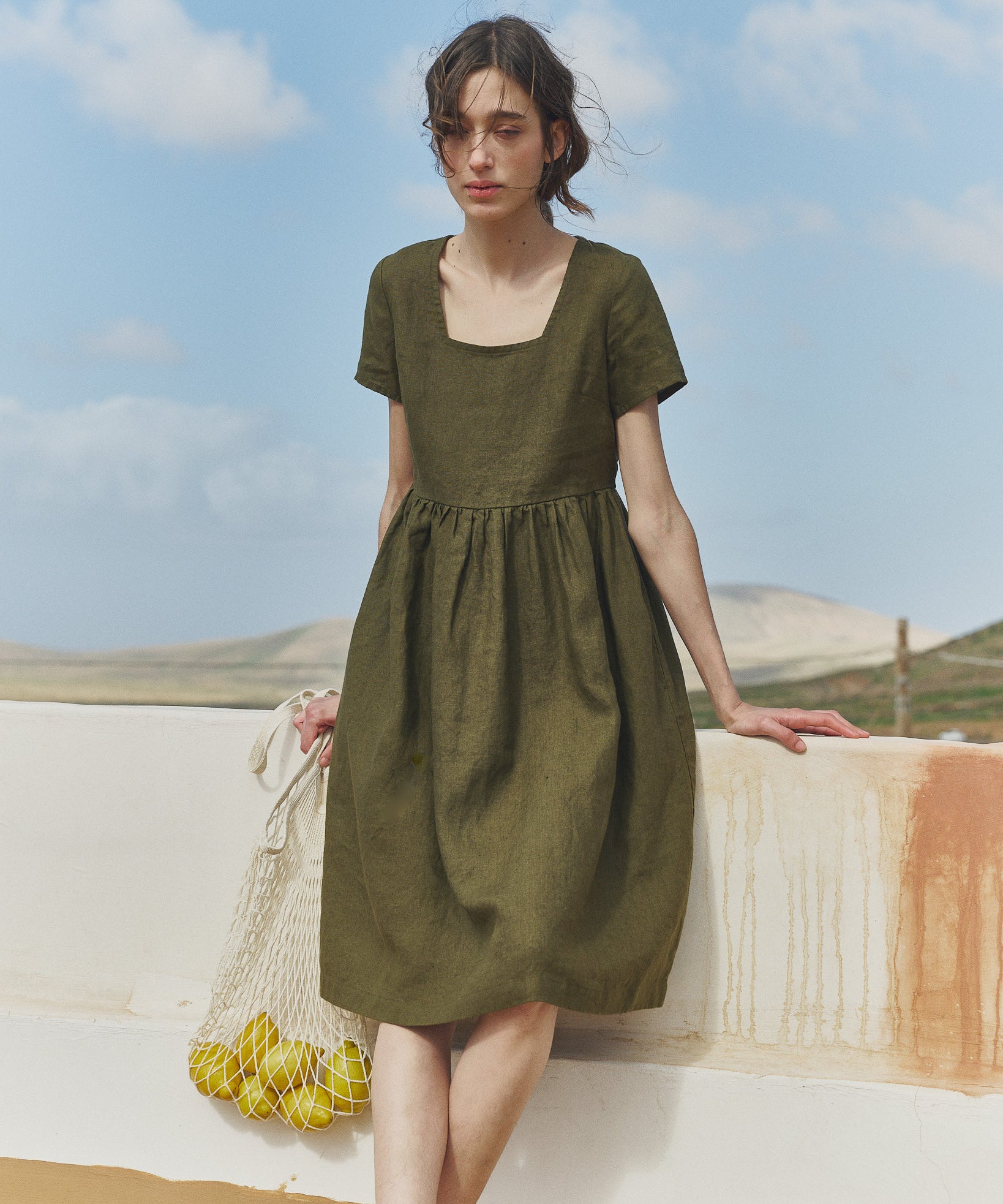 Midi ODESA gathered linen dress Loden Green / S/M Midi ODESA gathered linen dress Loden Green / S/M