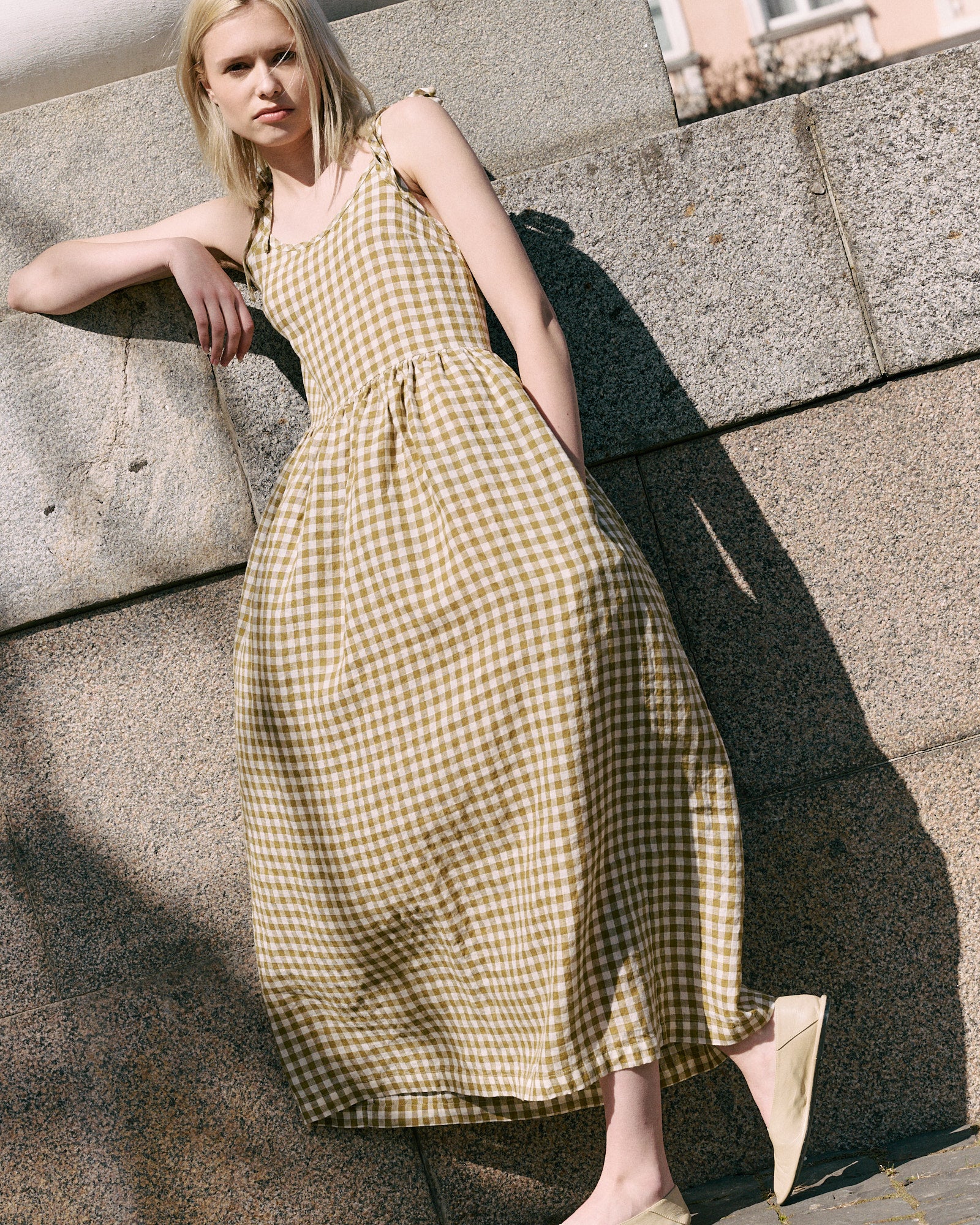 gingham dress long VILLA long linen dress