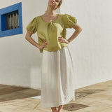 R: MILOS puff sleeve linen blouse (Color: Natural/White Gingham; Size: L)