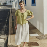 R: MILOS puff sleeve linen blouse (Color: Natural/White Gingham; Size: L)