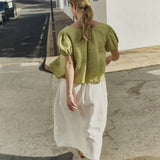 R: MILOS puff sleeve linen blouse (Color: Natural/White Gingham; Size: L)