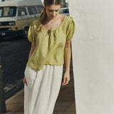 R: MILOS puff sleeve linen blouse (Color: Natural/White Gingham; Size: L)