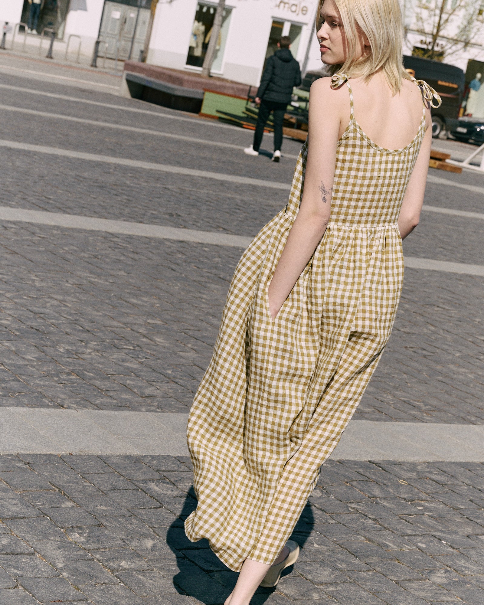 gingham linen dress VILLA long Color:White Black Dot event:Party Sassy Goddess Georgette Designer flowing presence