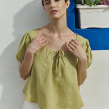 R: MILOS puff sleeve linen blouse (Color: Natural/White Gingham; Size: L)