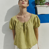 R: MILOS puff sleeve linen blouse (Color: Natural/White Gingham; Size: L)