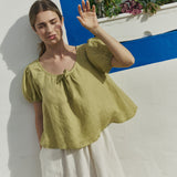 R: MILOS puff sleeve linen blouse (Color: Natural/White Gingham; Size: L)