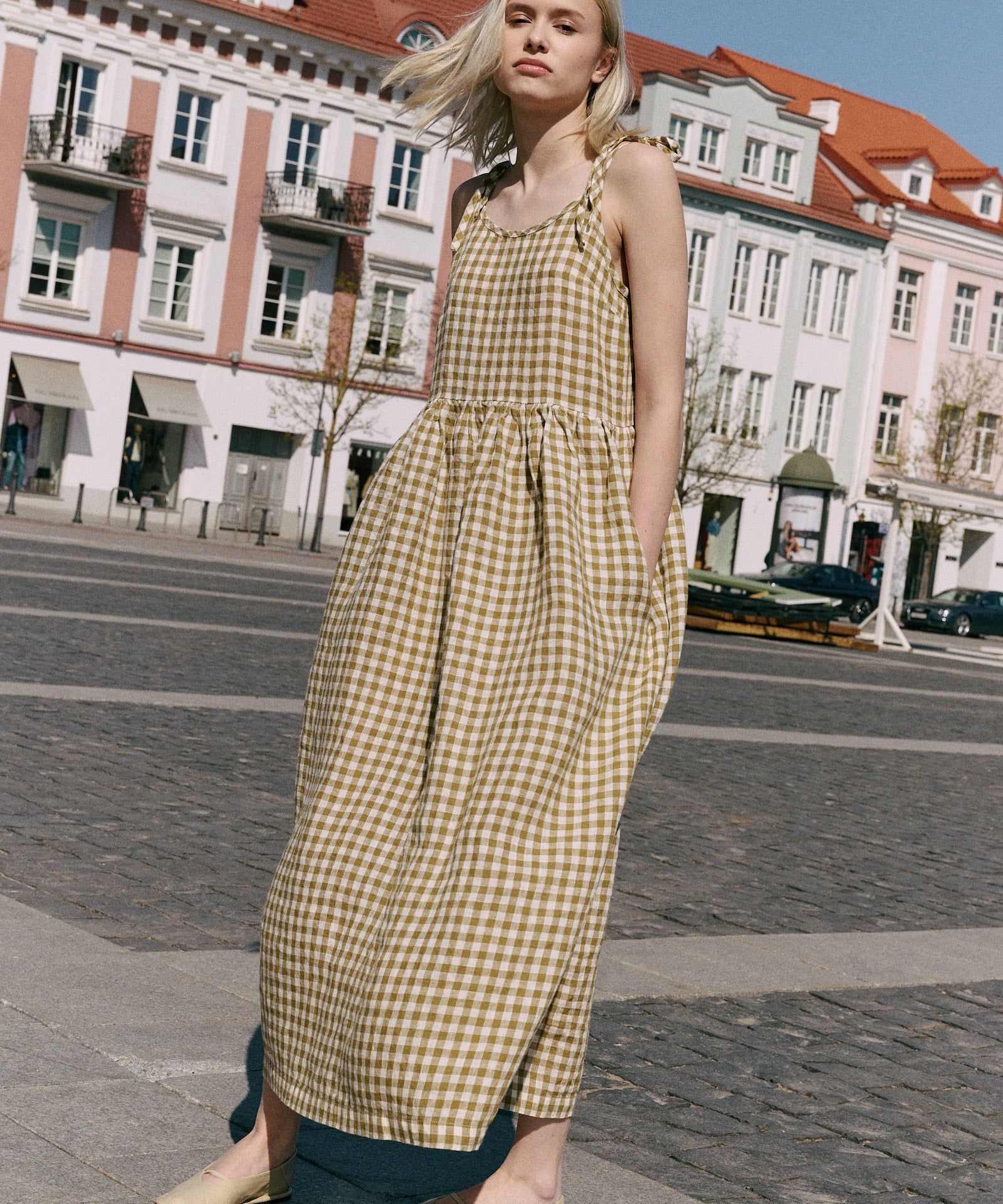 gingham dress long VILLA long linen dress