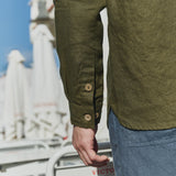 R: Men’s long sleeve linen shirt MONTREAL (Color: Loden Checks; Size: S)
