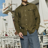 R: Men’s long sleeve linen shirt MONTREAL (Color: Loden Checks; Size: S)