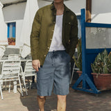 R: Men’s long sleeve linen shirt MONTREAL (Color: Loden Checks; Size: S)