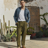 R: Men’s long sleeve linen shirt MONTREAL (Color: Loden Green; Size: S)