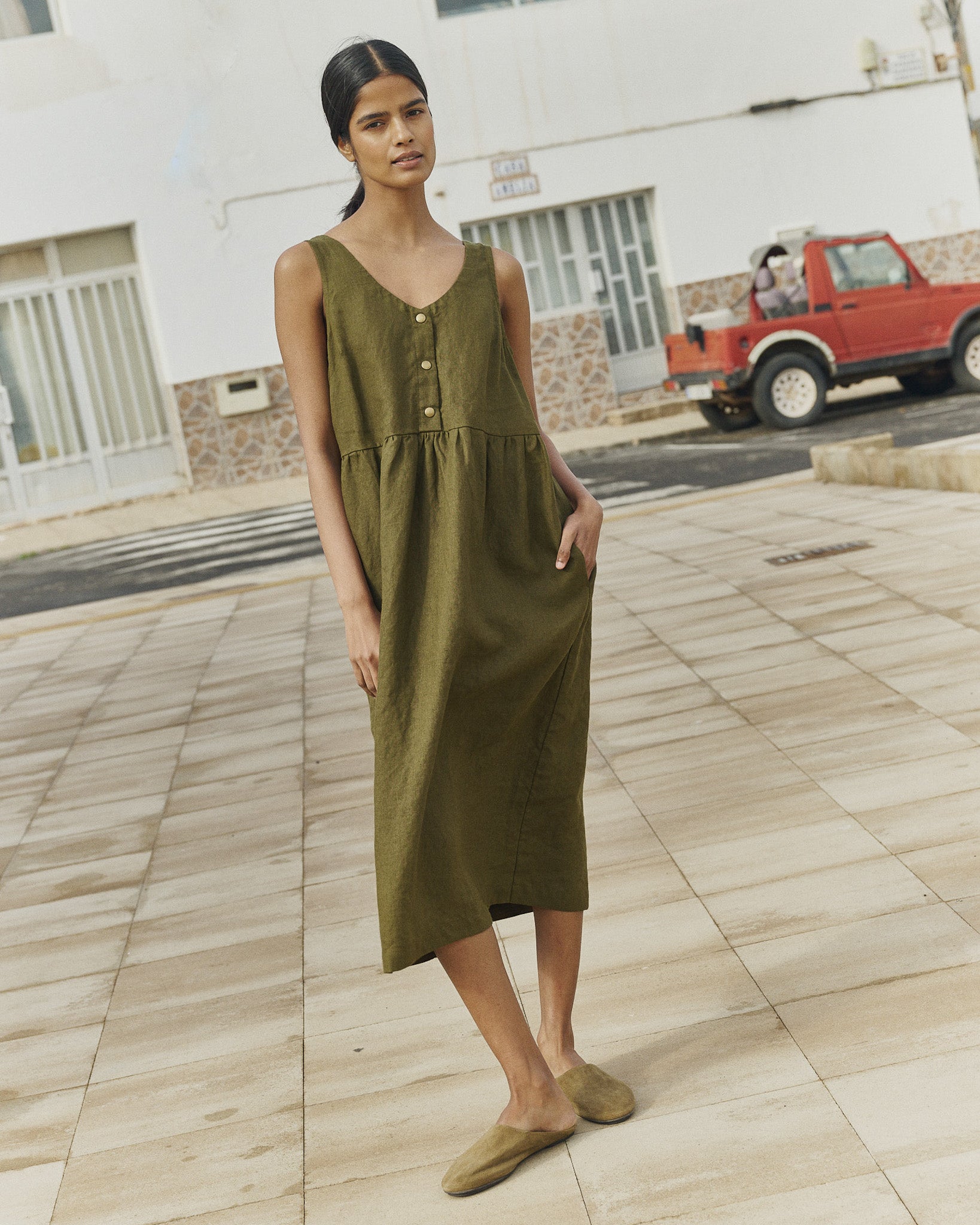 olive green linen dress MARY Washed Shirt in Christina's Luxuries ethically made womens linen dresses in Olive by Nomad The Label VALLEY front brass snaps linen