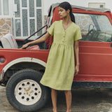 R: SYMI V-neck linen dress (Color: Pistachio Mist; Size: XS - MIDI length)