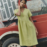 R: SYMI V-neck linen dress (Color: Pistachio Mist; Size: XS - MIDI length)