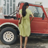 R: SYMI V-neck linen dress (Color: Pistachio Mist; Size: XS - MIDI length)