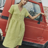R: SYMI V-neck linen dress (Color: Pistachio Mist; Size: XS - MIDI length)