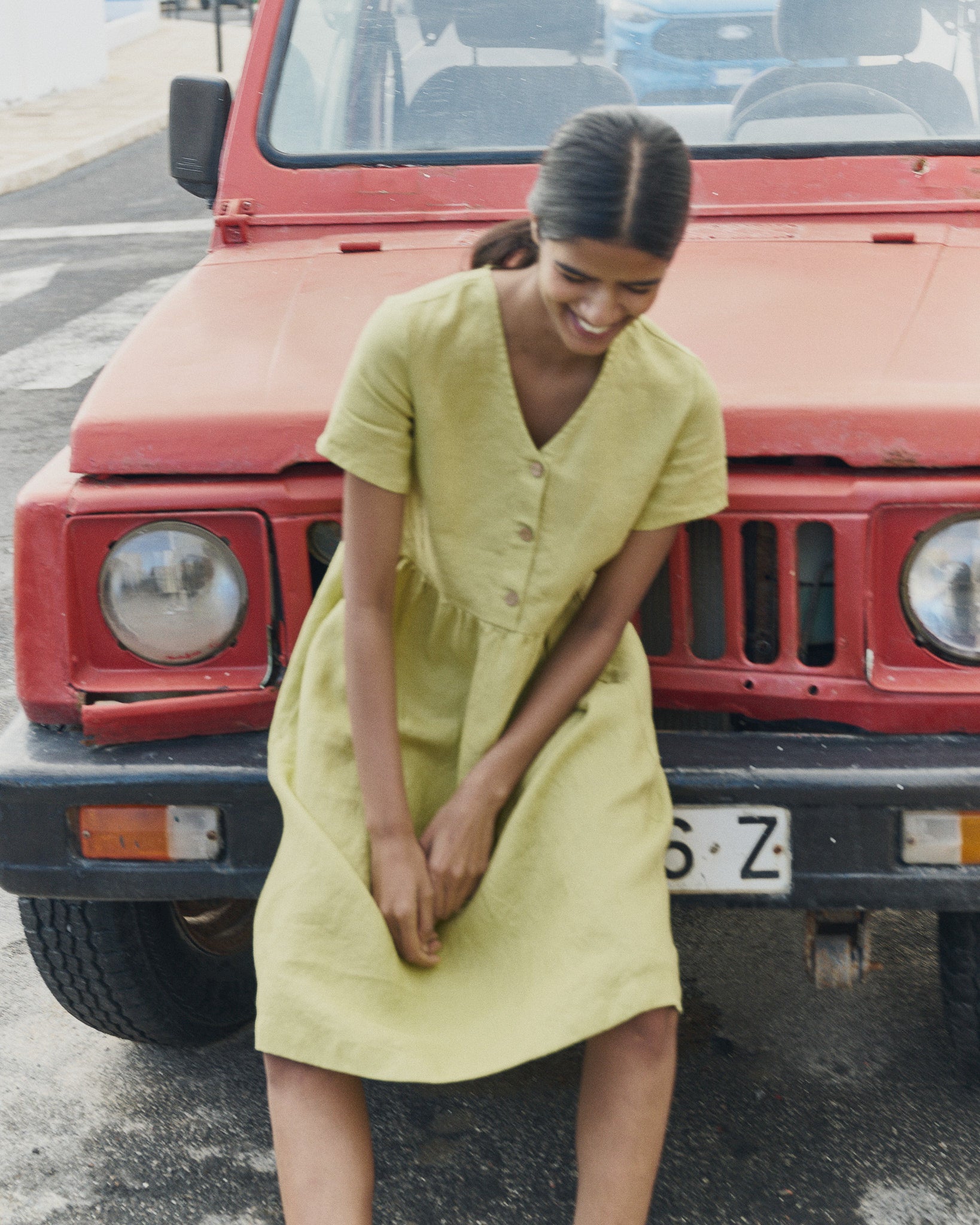 Polka Dot Linen V-Neck MIDI Dress SYMI not PERFECT LINEN Polka Dot Linen V-Neck MIDI Dress SYMI not PERFECT LINEN