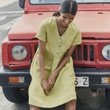 R: SYMI V-neck linen dress (Color: Pistachio Mist; Size: XS - MIDI length)