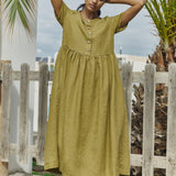 R: Maxi MAMA-2 short sleeve linen dress (Color: Natural/Grey Stripes; Size: S - MAXI length)