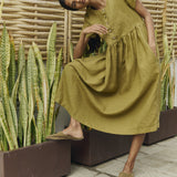 R: Maxi MAMA-2 short sleeve linen dress (Color: Natural/Grey Stripes; Size: S - MAXI length)