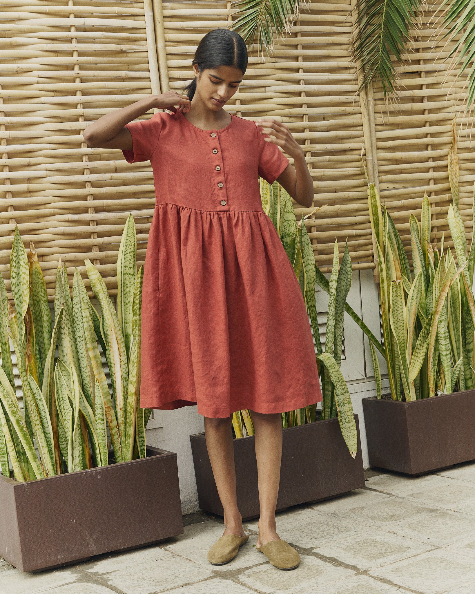 Midi MAMA-2 short sleeve linen dress
