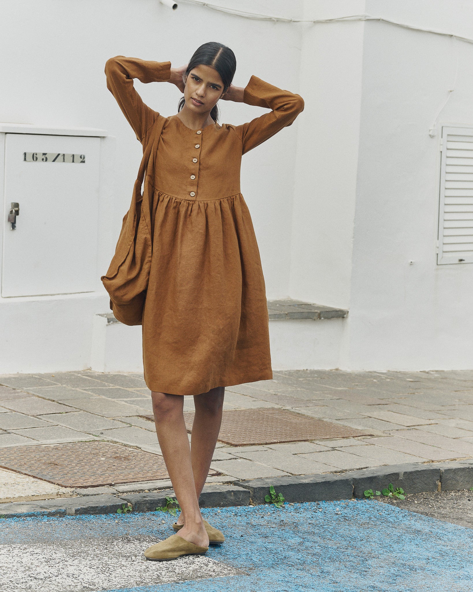 Long sleeve midi MAMA linen dress