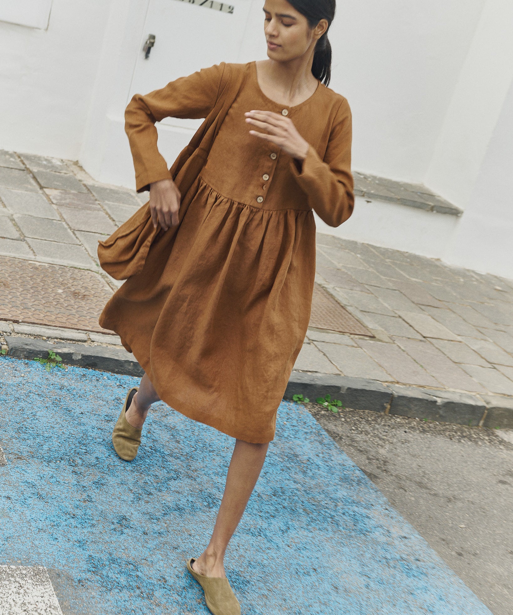 Brown Linen Midi Dress MAMA Long Sleeve | notPERFECTLINEN not PERFECT LINEN Brown Linen Midi Dress MAMA Long Sleeve | notPERFECTLINEN not PERFECT LINEN