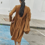 R: Long sleeve midi MAMA linen dress (Color: Toast; Size: S - MIDI length)