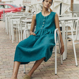 R: Sleeveless maxi MAMA linen dress (Color: Raspberry Grid; Size: XL - MAXI length)