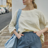R: DOOLIN high-waisted linen pants (Color: Dark-Grey-Blue; Size: M)