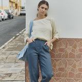 R: DOOLIN high-waisted linen pants (Color: Dark-Grey-Blue; Size: M)