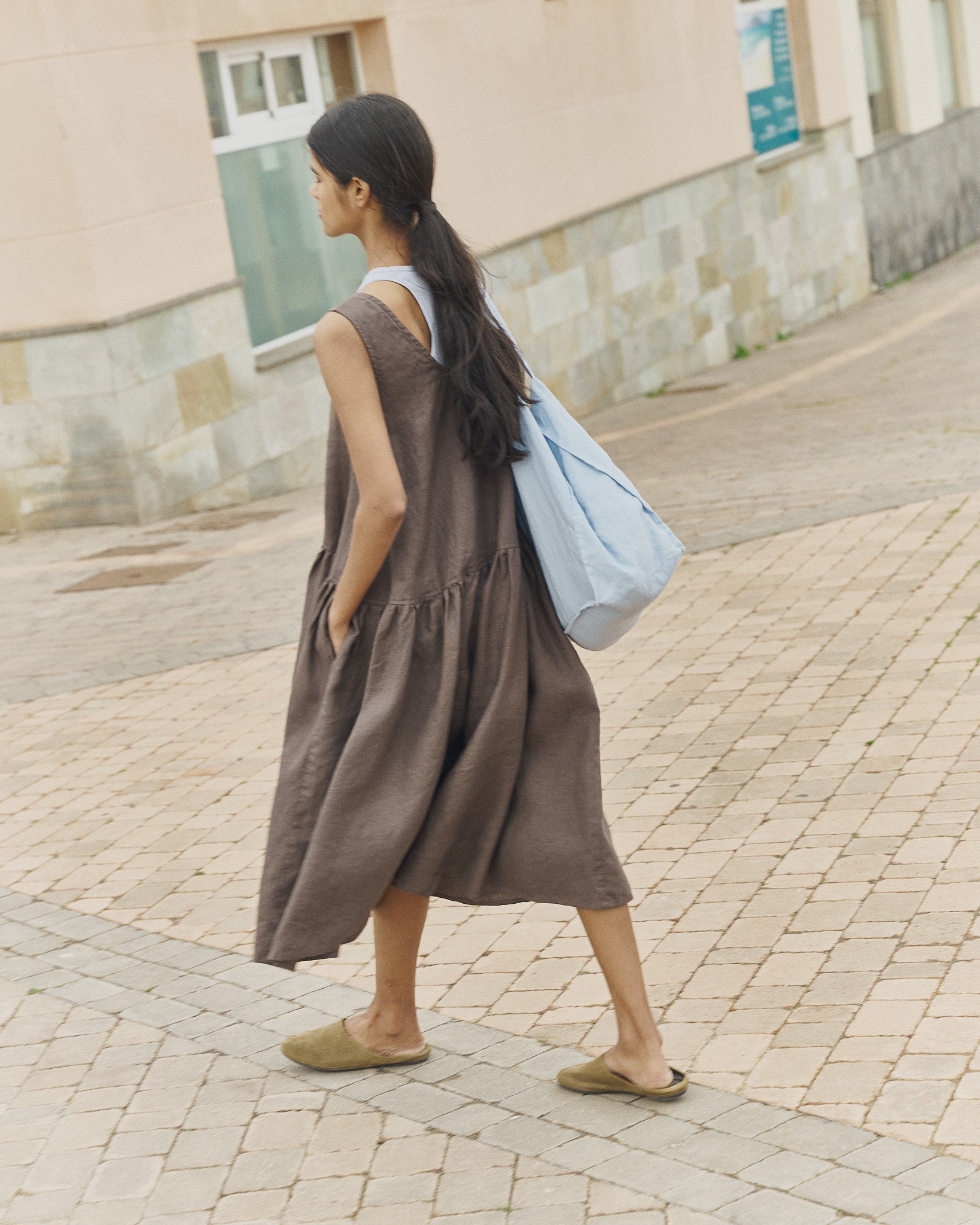 nakd linen dress Linen Blend Deep Neck Maxi Dress Brown