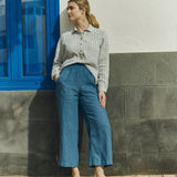 R: PUGLIA straight cut cropped linen pants (Color: Indigo; Size: XS)