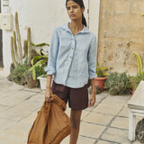 R: MAIN casual linen shorts (Color: Natural/Grey Stripes; Size: L)