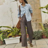 R: KENA classic linen pants (Color: Dark-Grey-Blue; Size: L)