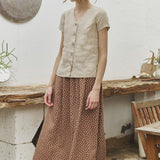 R: GETTY-2 button front linen top (Color: Natural/Grey Stripes; Size: M/L)