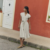 R: CANNES-2 wrap linen dress (Color: Light Butter; Size: XS)