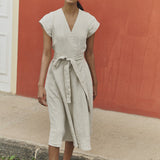 R: CANNES-2 wrap linen dress (Color: Deepest Black; Size: XXL)